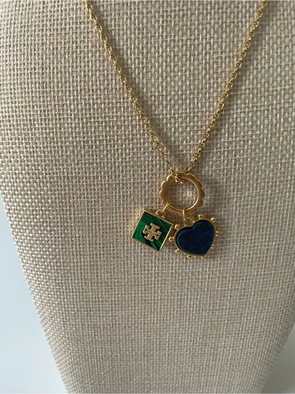 Tory Burch Gold Necklace with Blue Heart and Green Enamel Square Charms